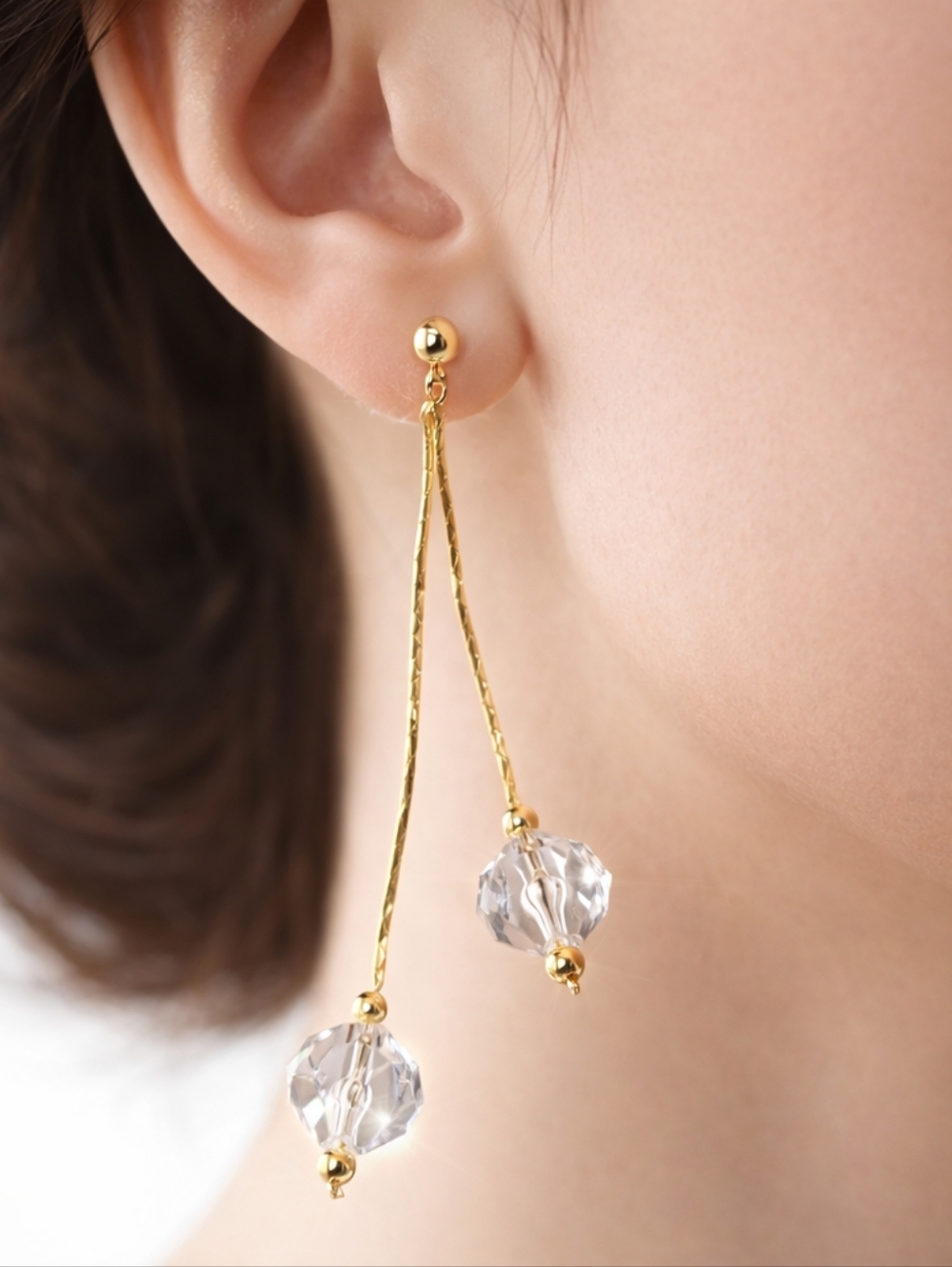 Clear Acrylic Beads Drop Earrings w/ Gold - Fringe Chain Dangle Fashion Jewelry